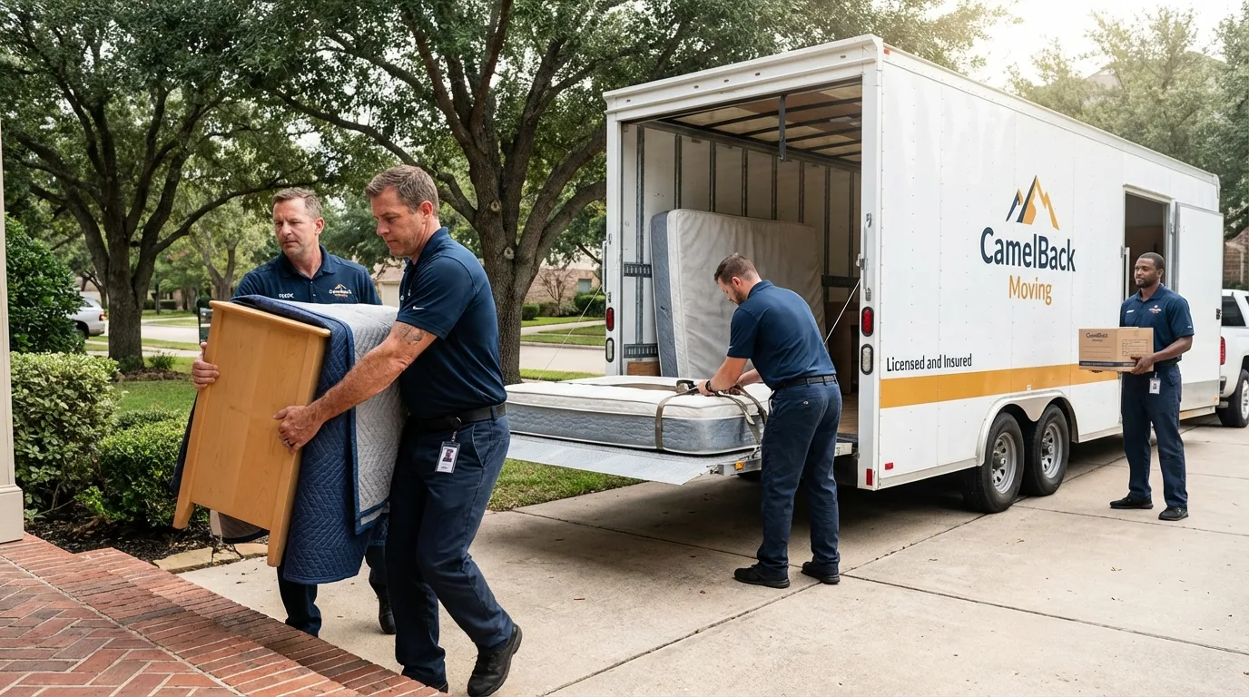 Crew loading residential truck for cross-state move from Kirbyville, TX