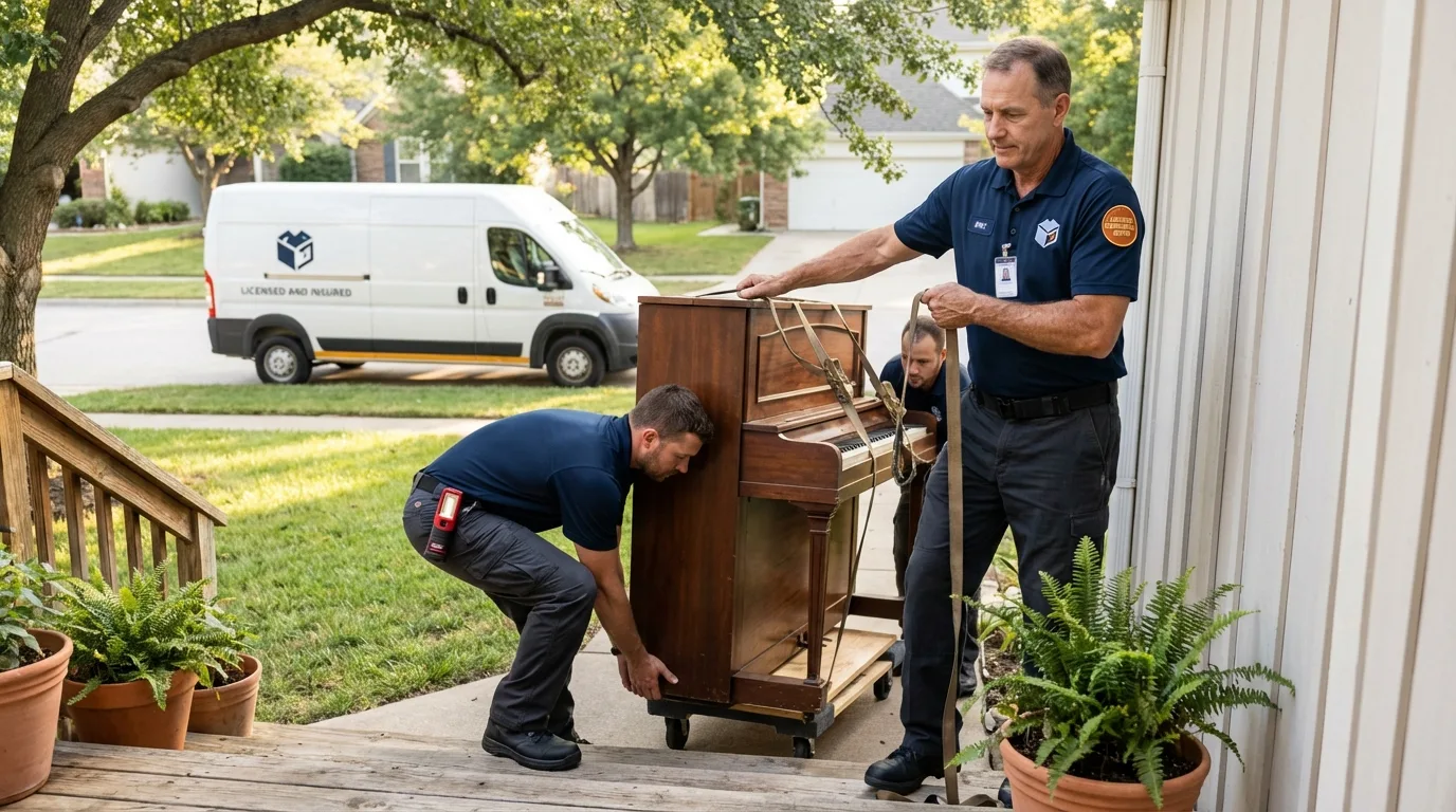 Licensed piano movers securing grand piano in Kirbyville, TX