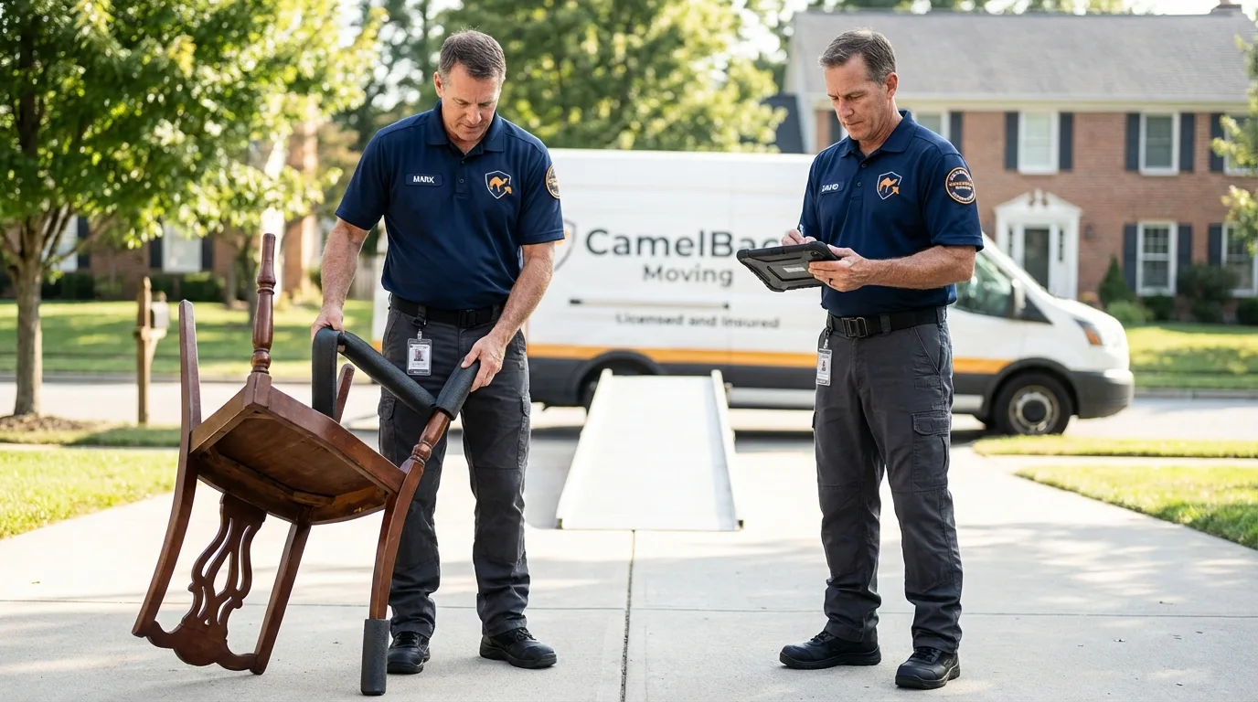 Movers inspecting furniture for damage prevention before loading in Kirbyville, TX