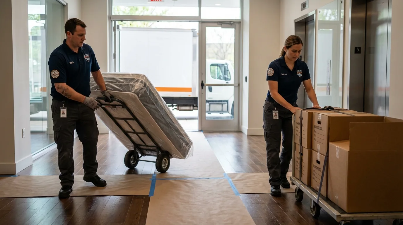 Professional apartment movers loading elevator in Kirbyville, TX