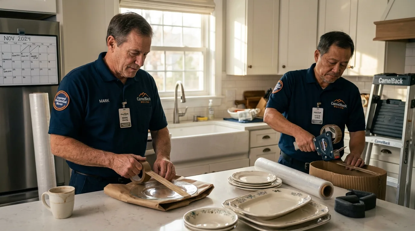 Professional crew packing kitchen dishware in Kirbyville, TX
